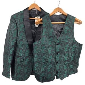 Kudmol Blazer Vest Set Green Paisley Shawl Lapel Tuxedo‎ Jacket 40S Formal